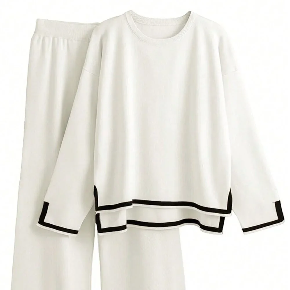 White Casual Women's Color Block Sweater Set